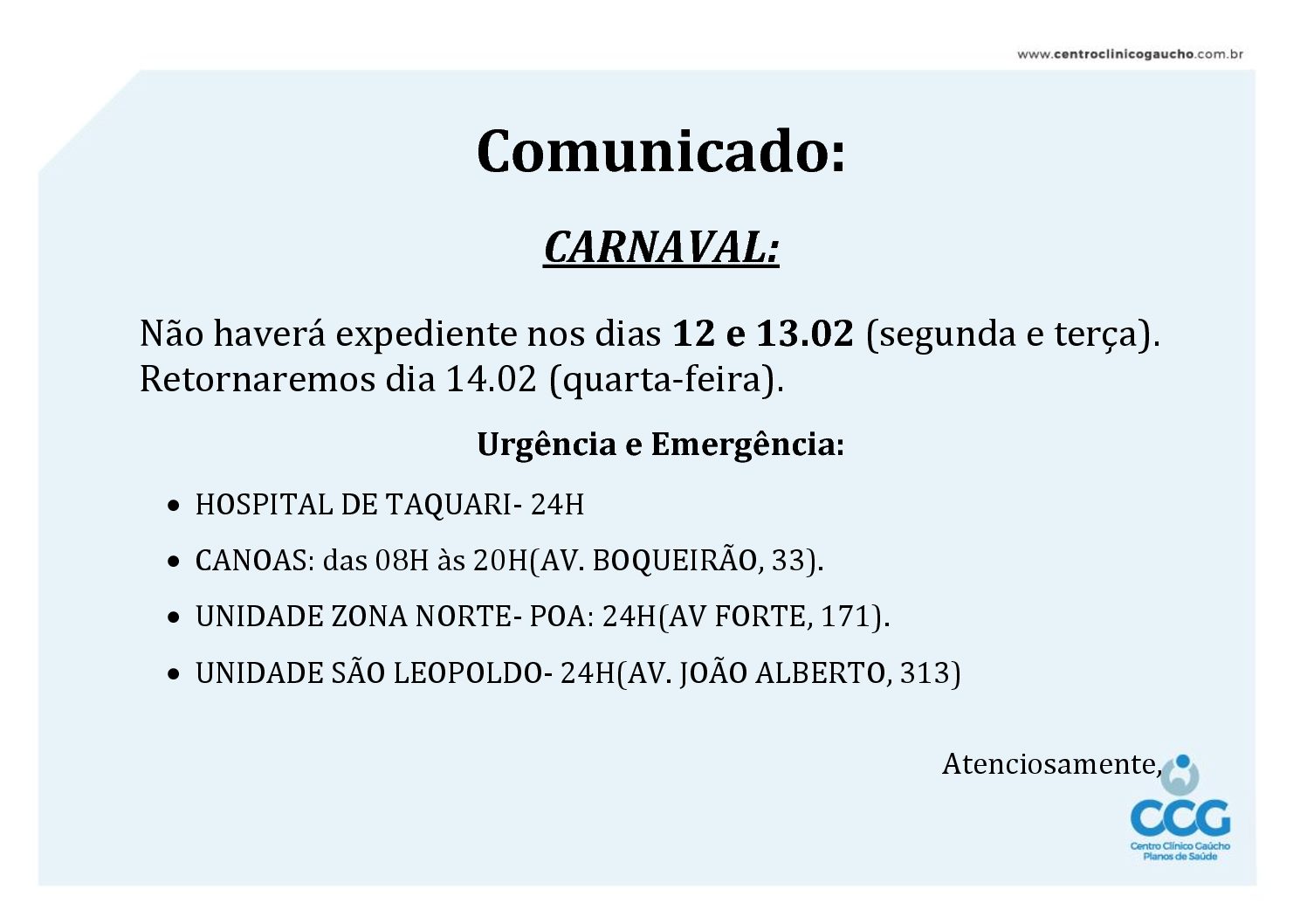 HORÁRIO DE ATENDIMENTO CCG NO CARNAVAL